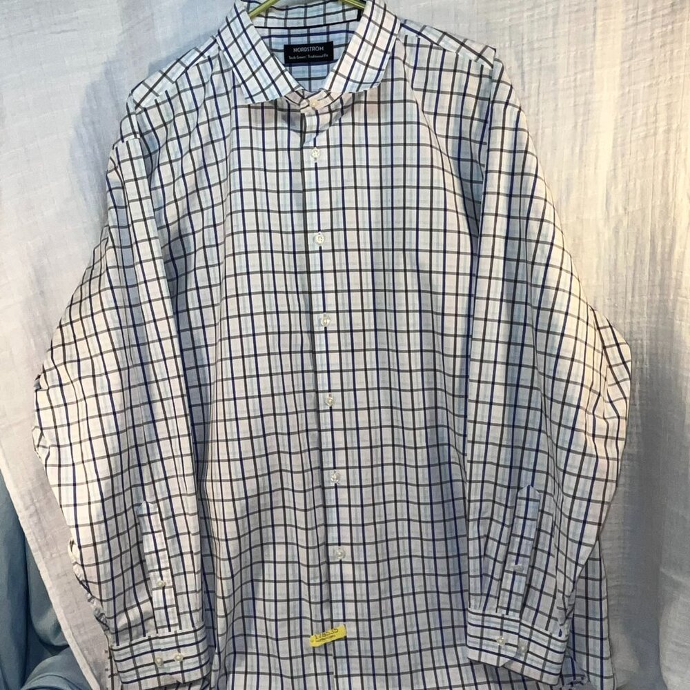 NORDSTROM Mens Size 2XL Tech Smart Traditional Fit Long-Sleeve Shirt - Wh/Blue